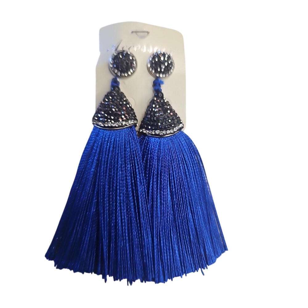 Cobalt blue tassel earrings w/ silver rhinestone accents